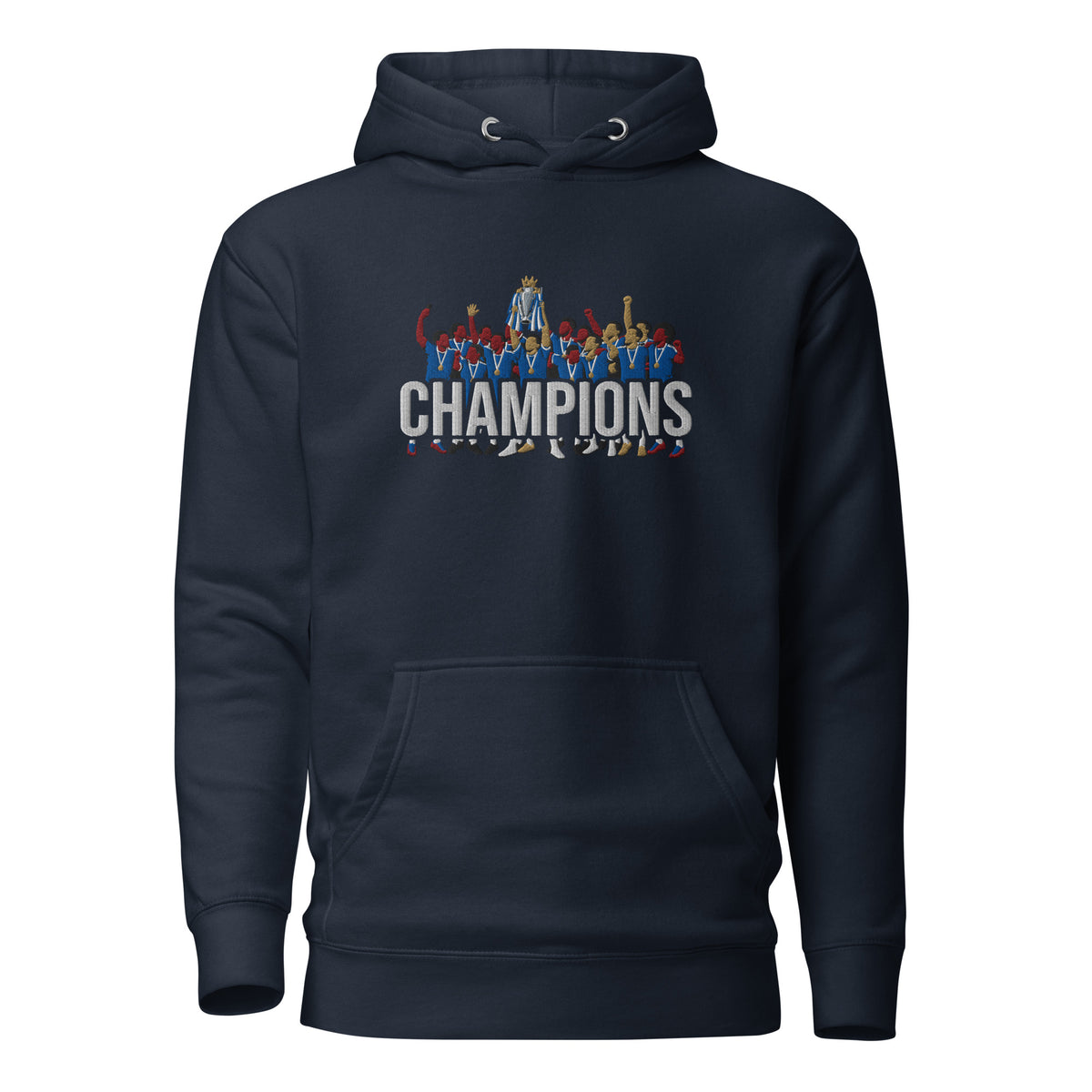 Full front view of Chelsea-inspired navy blazer hoodie with trophy-lift embroidery and CHAMPIONS lettering