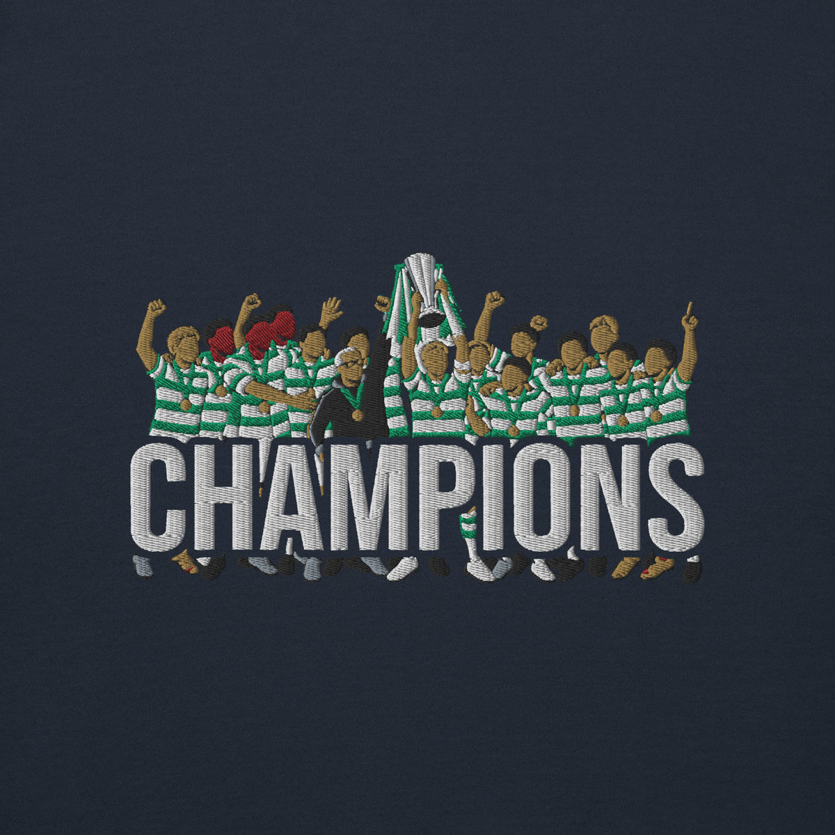 Embroidery close-up of Celtic-inspired navy blazer hoodie with trophy-lift embroidery and CHAMPIONS lettering