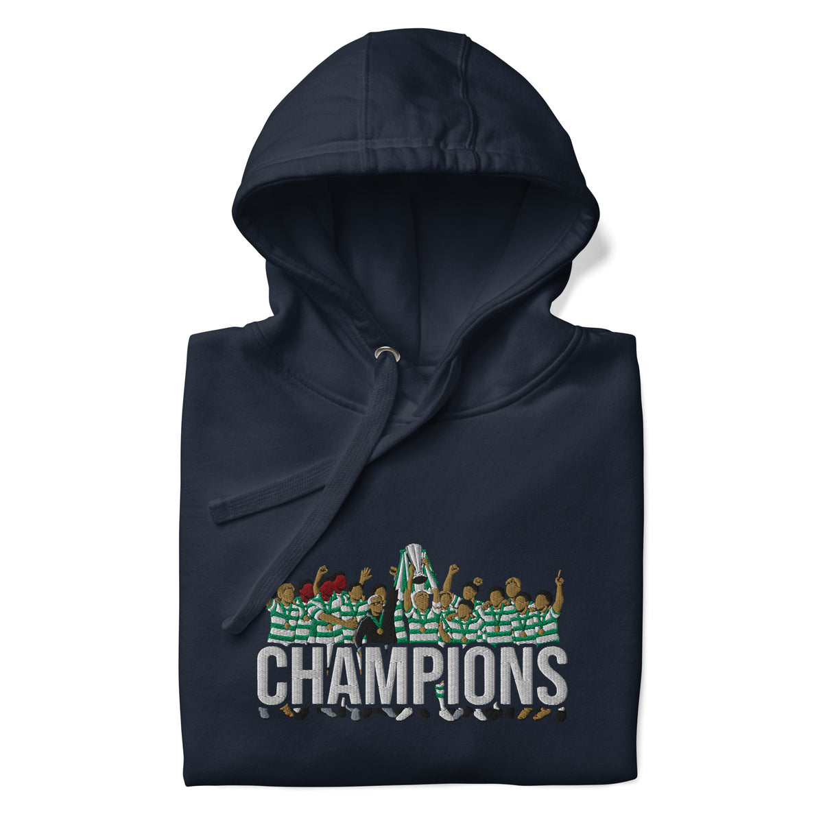 Folded hood-up view of Celtic-inspired navy blazer hoodie with trophy-lift embroidery and CHAMPIONS lettering