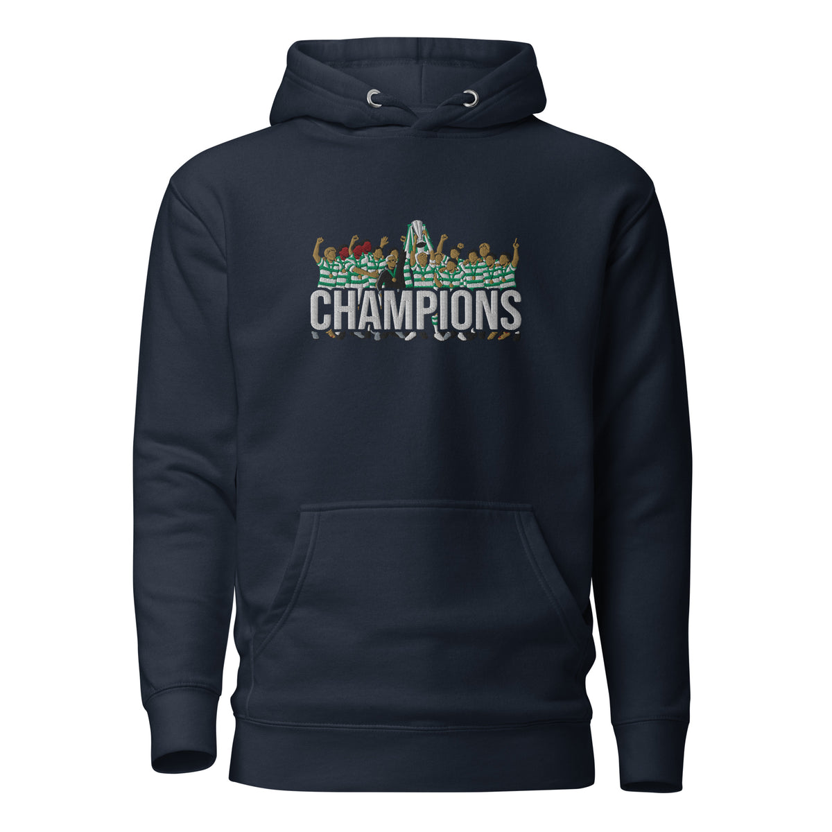 Full front view of Celtic-inspired navy blazer hoodie with trophy-lift embroidery and CHAMPIONS lettering