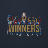 Embroidery close-up of Crystal Palace-inspired navy blazer hoodie with trophy-lift embroidery and WINNERS lettering