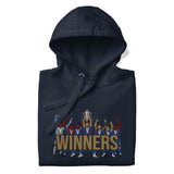 Folded hood-up view of Crystal Palace-inspired navy blazer hoodie with trophy-lift embroidery and WINNERS lettering