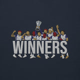 Embroidery close-up of Tottenham Hotspur-inspired navy blazer hoodie with trophy-lift embroidery and WINNERS lettering