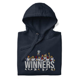 Folded hood-up view of Tottenham Hotspur-inspired navy blazer hoodie with trophy-lift embroidery and WINNERS lettering
