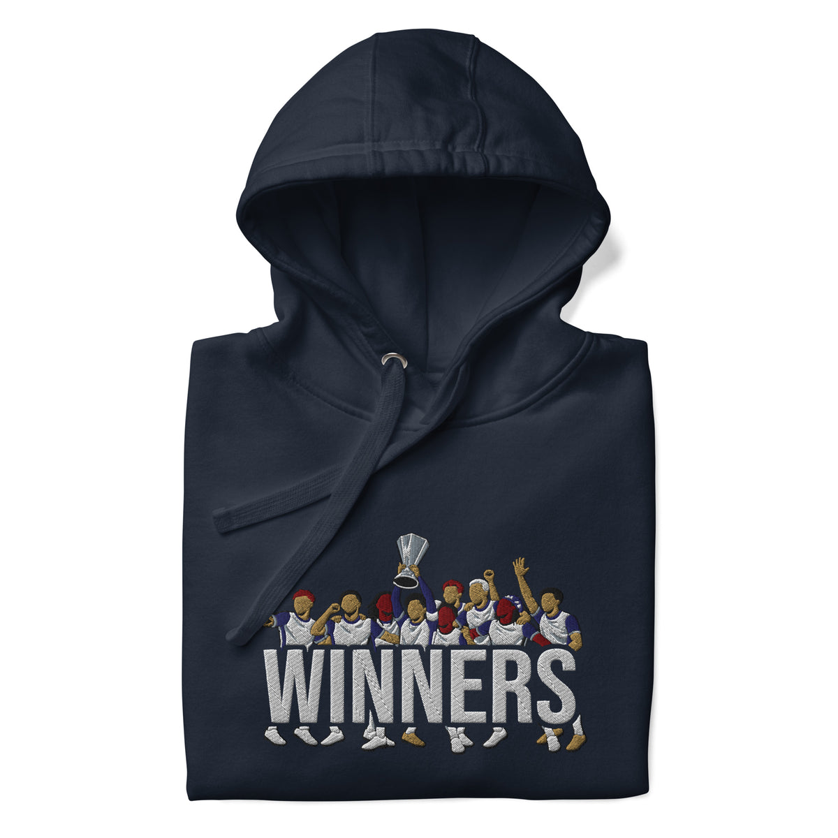 Folded hood-up view of Tottenham Hotspur-inspired navy blazer hoodie with trophy-lift embroidery and WINNERS lettering