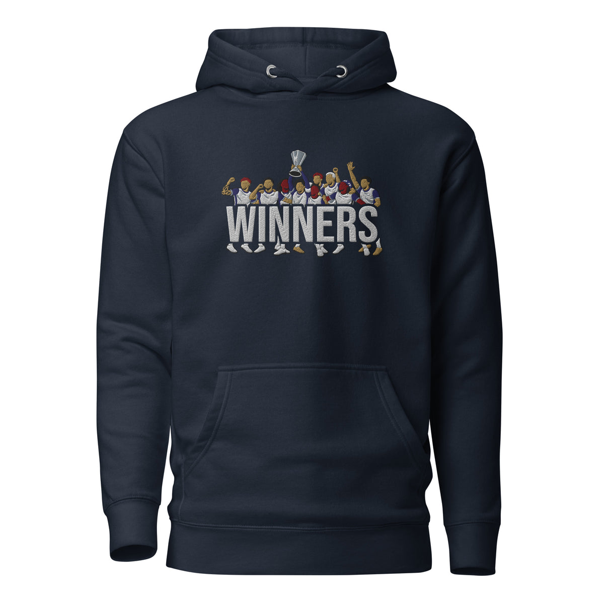 Full front view of Tottenham Hotspur-inspired navy blazer hoodie with trophy-lift embroidery and WINNERS lettering