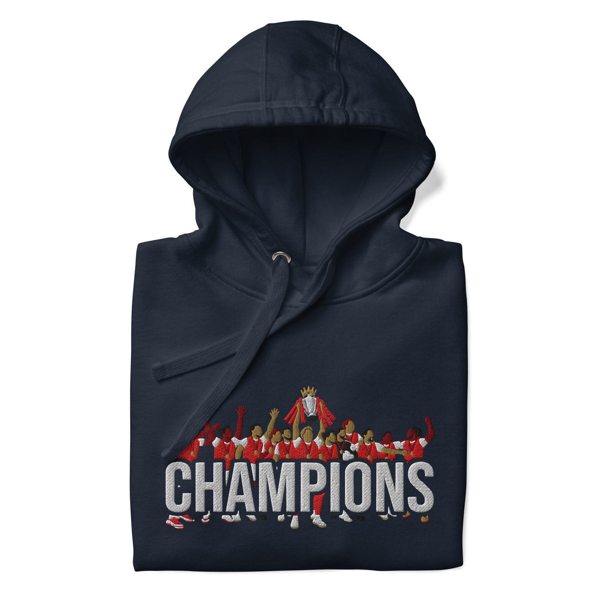 Arsenal-inspired navy blazer hoodie with trophy-lift embroidery and CHAMPIONS lettering