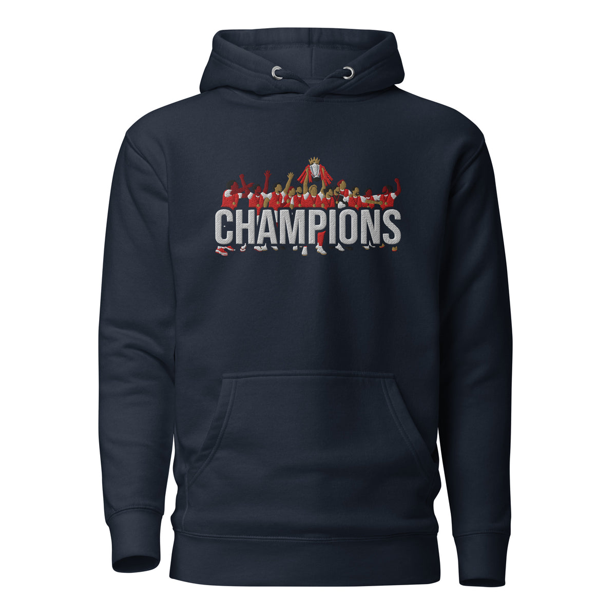 Arsenal-inspired navy blazer hoodie with trophy-lift embroidery and CHAMPIONS lettering