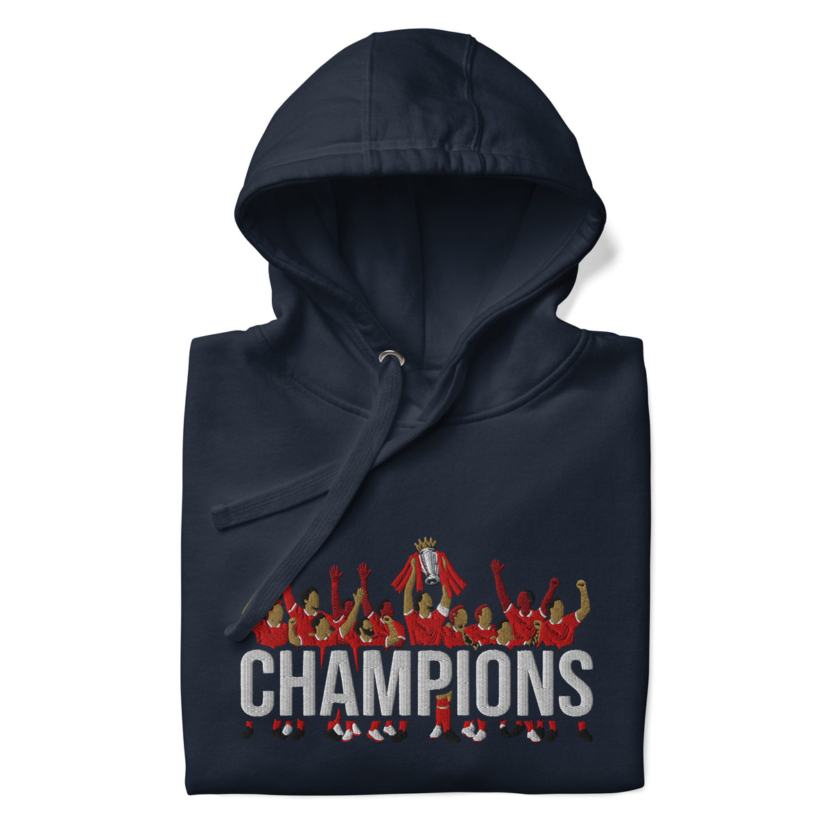 Liverpool-inspired navy blazer hoodie with trophy-lift embroidery and CHAMPIONS lettering