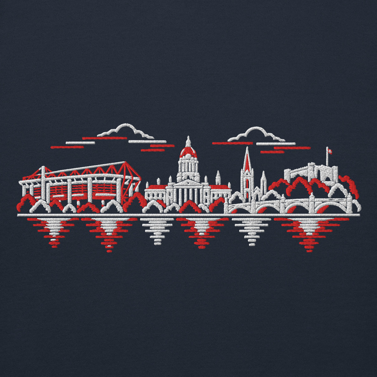 Nottingham Forest Inspired Nottingham Skyline Embroidered Football Hoodie in navy blazer – front view