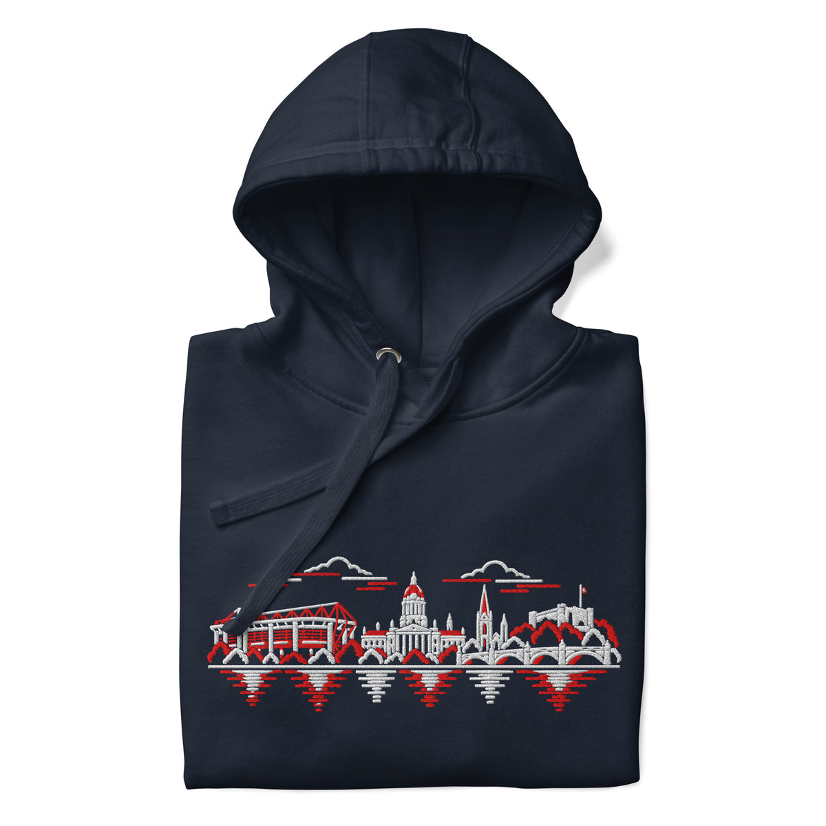 Nottingham Forest Inspired Nottingham Skyline Embroidered Football Hoodie in navy blazer – front view