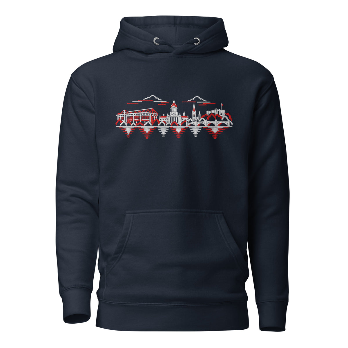 Nottingham Forest Inspired Nottingham Skyline Embroidered Football Hoodie in navy blazer – front view