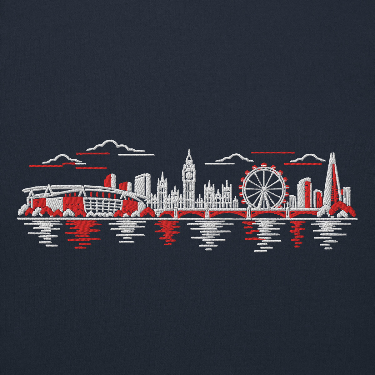 Arsenal Inspired North London Skyline Embroidered Football Hoodie in navy blazer – front view