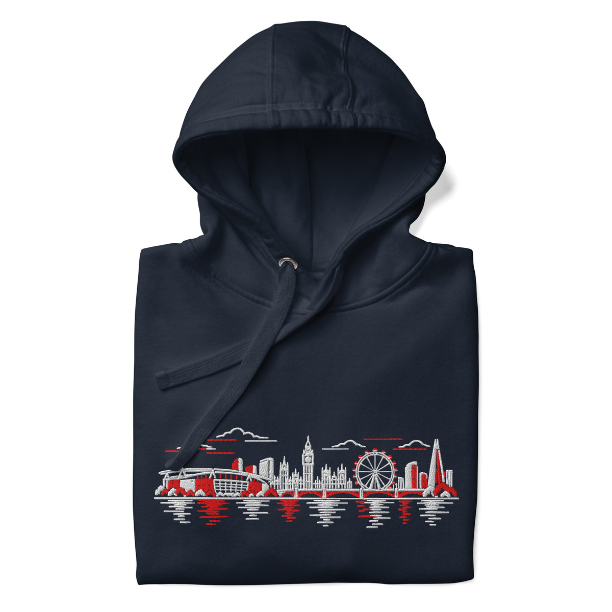 Arsenal Inspired North London Skyline Embroidered Football Hoodie in navy blazer – front view