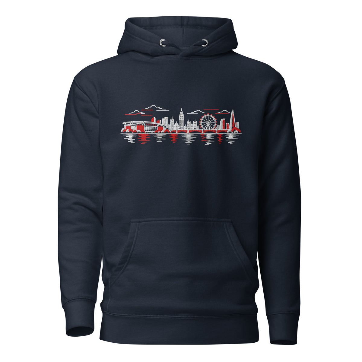Arsenal Inspired North London Skyline Embroidered Football Hoodie in navy blazer – front view