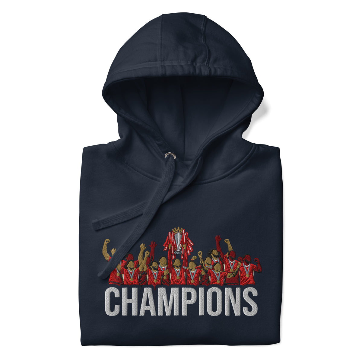 Liverpool inspired 2024/25 Premier League Champions trophy celebration embroidered hoodie in navy blazer, front product view