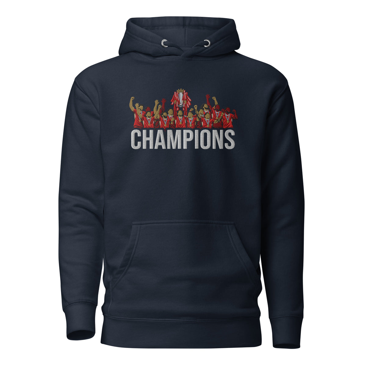 Liverpool inspired 2024/25 Premier League Champions trophy celebration embroidered hoodie in navy blazer, embroidery and garment detail view