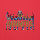 Embroidery close-up of Crystal Palace-inspired team red hoodie with trophy-lift embroidery and WINNERS lettering