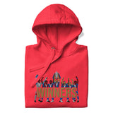 Folded hood-up view of Crystal Palace-inspired team red hoodie with trophy-lift embroidery and WINNERS lettering