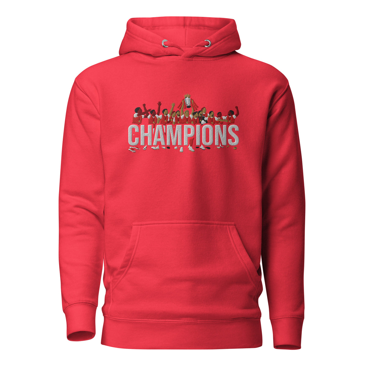 Arsenal-inspired team red hoodie with trophy-lift embroidery and CHAMPIONS lettering