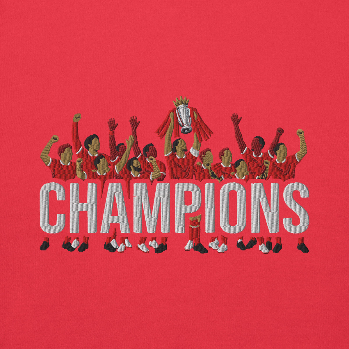 Embroidery close-up of Liverpool-inspired team red hoodie with trophy-lift embroidery and CHAMPIONS lettering