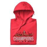 Folded hood-up view of Liverpool-inspired team red hoodie with trophy-lift embroidery and CHAMPIONS lettering