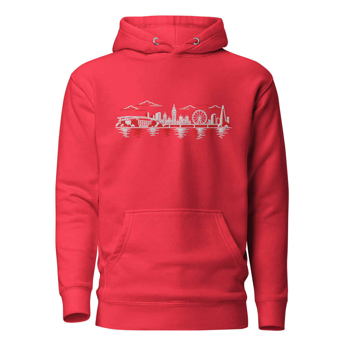 Arsenal Inspired North London Skyline Embroidered Football Hoodie in team red – front view