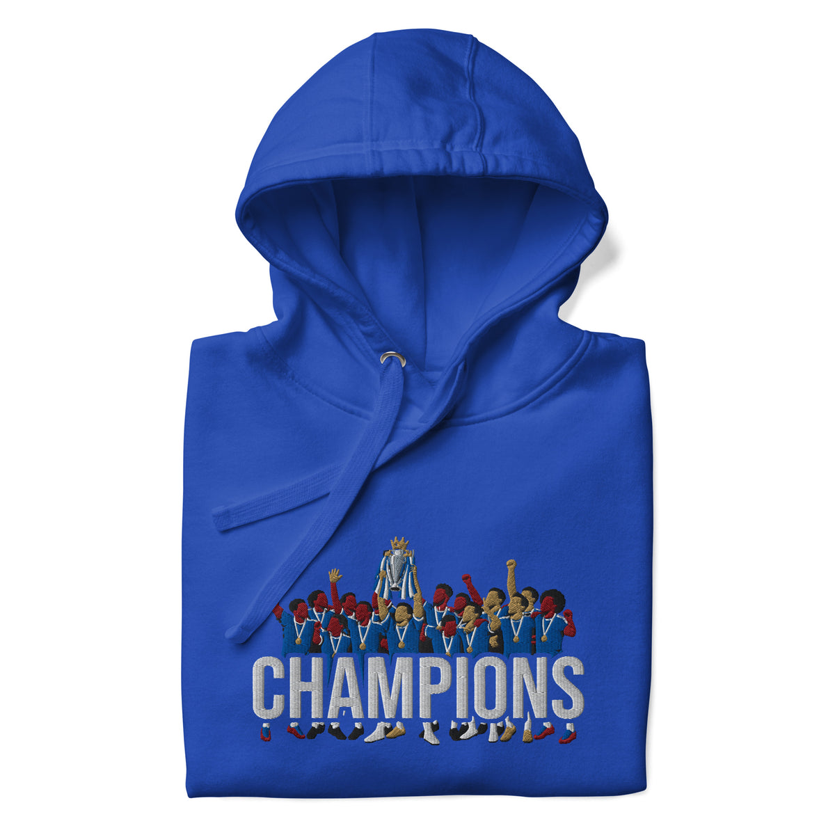 Folded hood-up view of Chelsea-inspired team royal hoodie with trophy-lift embroidery and CHAMPIONS lettering