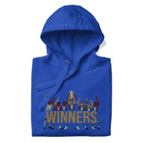 Folded hood-up view of Crystal Palace-inspired team royal hoodie with trophy-lift embroidery and WINNERS lettering