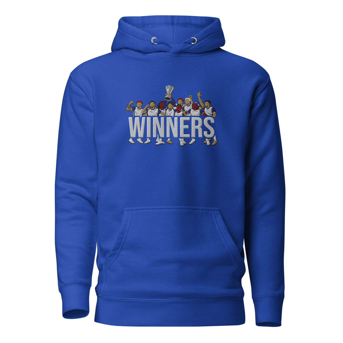 Tottenham Hotspur-inspired team royal hoodie with trophy-lift embroidery and WINNERS lettering