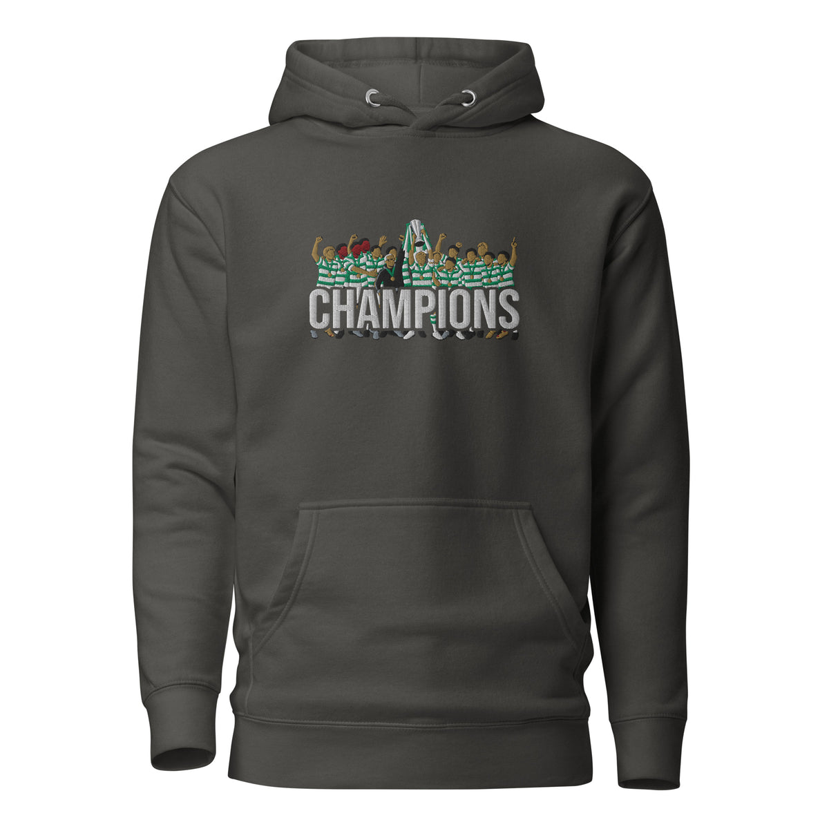 Full front view of Celtic-inspired vintage black hoodie with trophy-lift embroidery and CHAMPIONS lettering