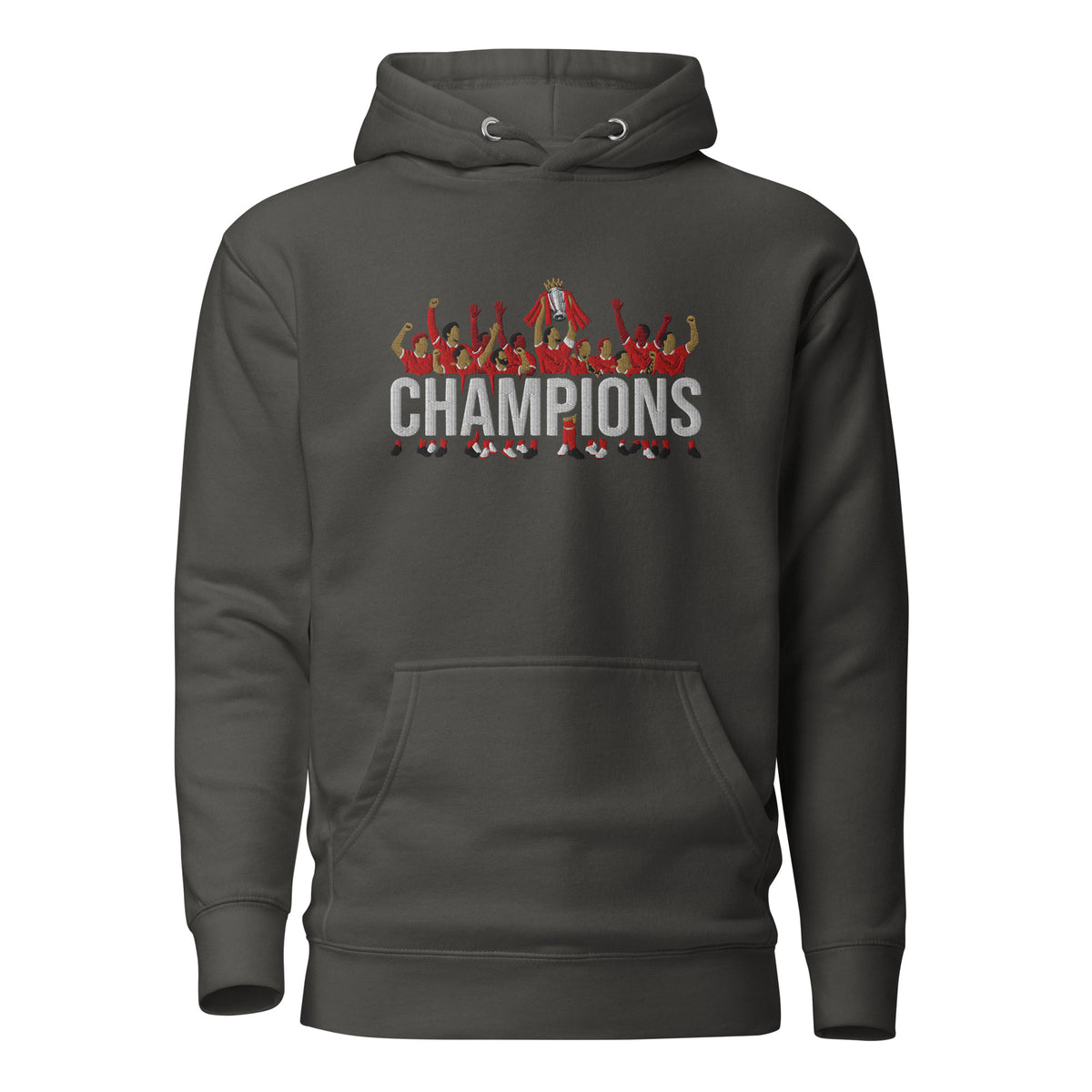 Liverpool-inspired vintage black hoodie with trophy-lift embroidery and CHAMPIONS lettering