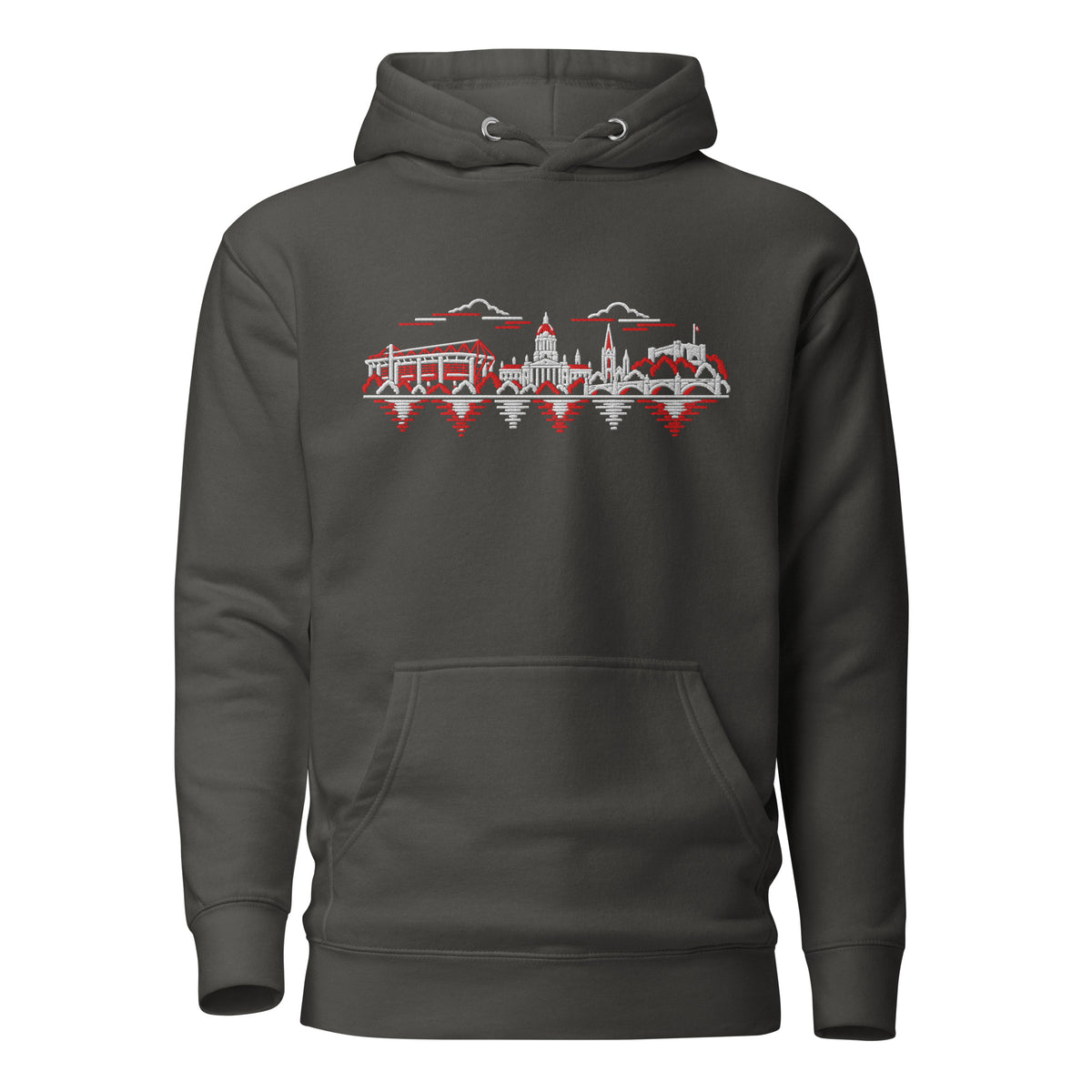 Nottingham Forest Inspired Nottingham Skyline Embroidered Football Hoodie in vintage black – front view