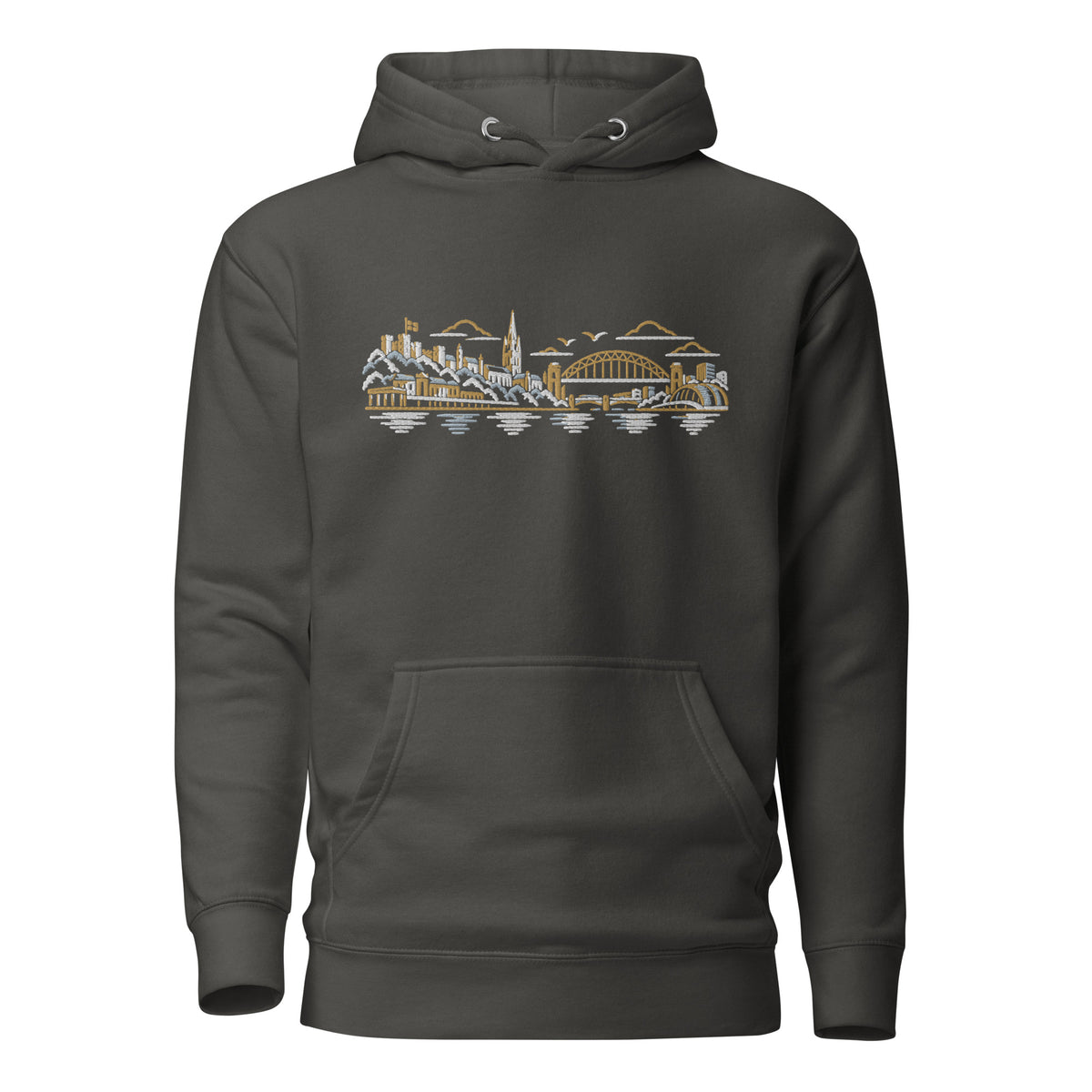 Newcastle United Inspired Newcastle Skyline Embroidered Football Hoodie in vintage black – front view