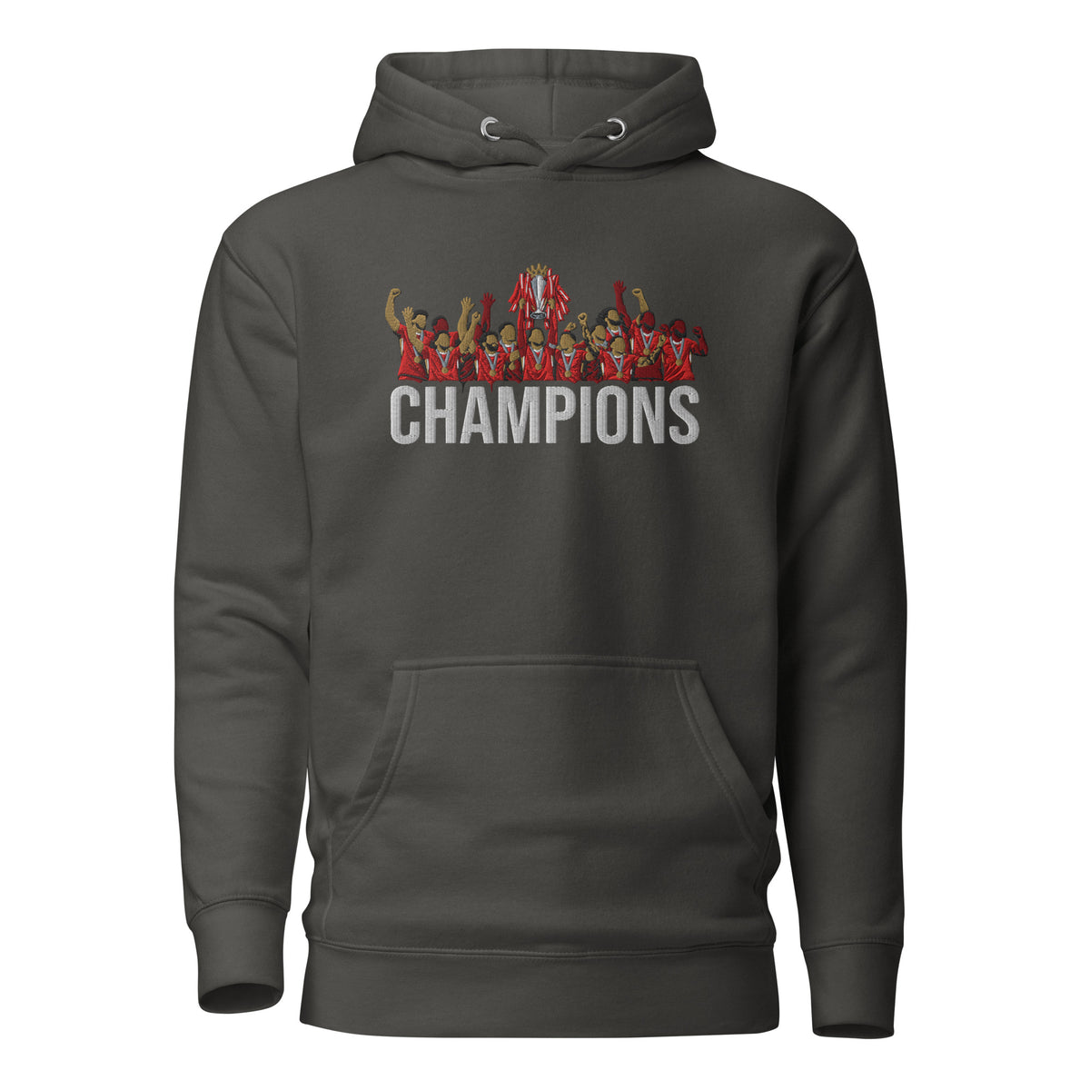 Liverpool inspired 2024/25 Premier League Champions trophy celebration embroidered hoodie in vintage black, embroidery and garment detail view