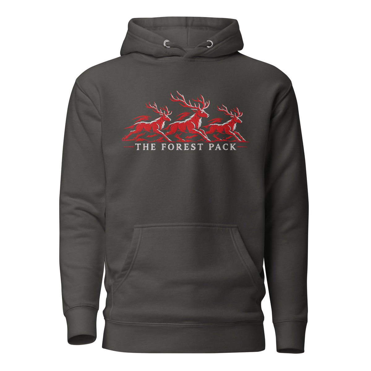 Nottingham Forest inspired Forest Pack red stags embroidered football hoodie in vintage black, embroidery and garment detail view