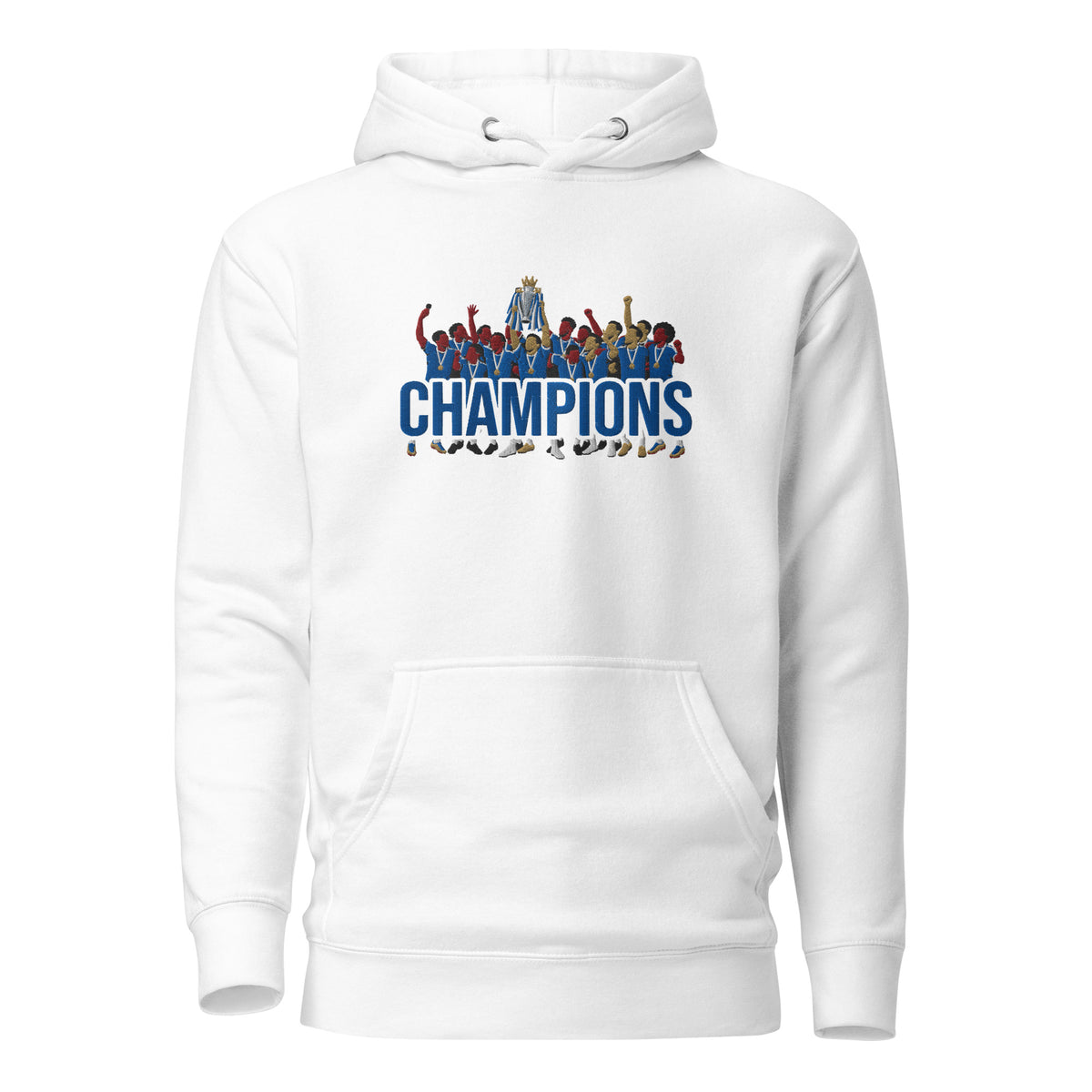Full front view of Chelsea-inspired white hoodie with trophy-lift embroidery and CHAMPIONS lettering