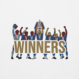 Embroidery close-up of Crystal Palace-inspired white hoodie with trophy-lift embroidery and WINNERS lettering