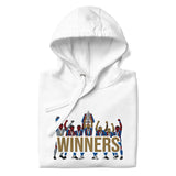 Folded hood-up view of Crystal Palace-inspired white hoodie with trophy-lift embroidery and WINNERS lettering