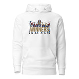Full front view of Crystal Palace-inspired white hoodie with trophy-lift embroidery and WINNERS lettering