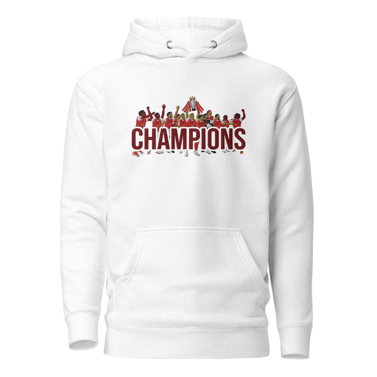 Arsenal-inspired white hoodie with trophy-lift embroidery and CHAMPIONS lettering