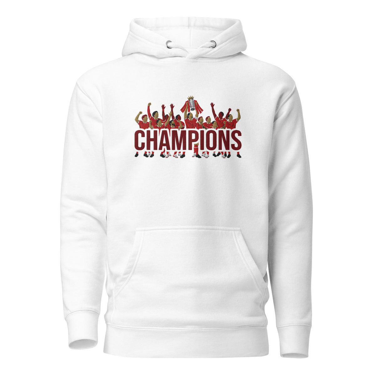 Liverpool-inspired white hoodie with trophy-lift embroidery and CHAMPIONS lettering