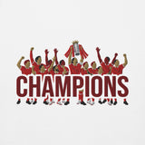 Liverpool-inspired white hoodie with trophy-lift embroidery and CHAMPIONS lettering