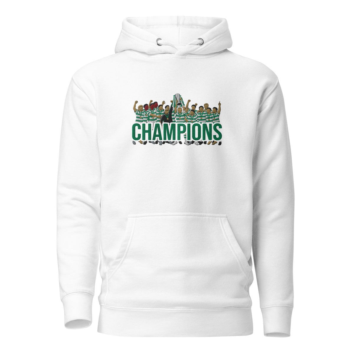 Full front view of Celtic-inspired white hoodie with trophy-lift embroidery and CHAMPIONS lettering