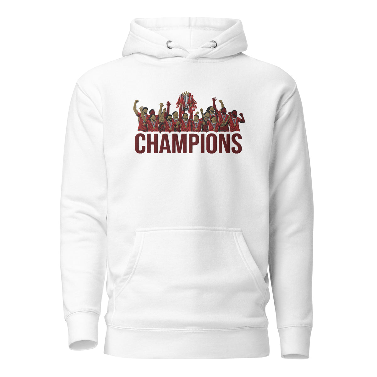 Liverpool inspired 2024/25 Premier League Champions trophy celebration embroidered hoodie in white, embroidery and garment detail view