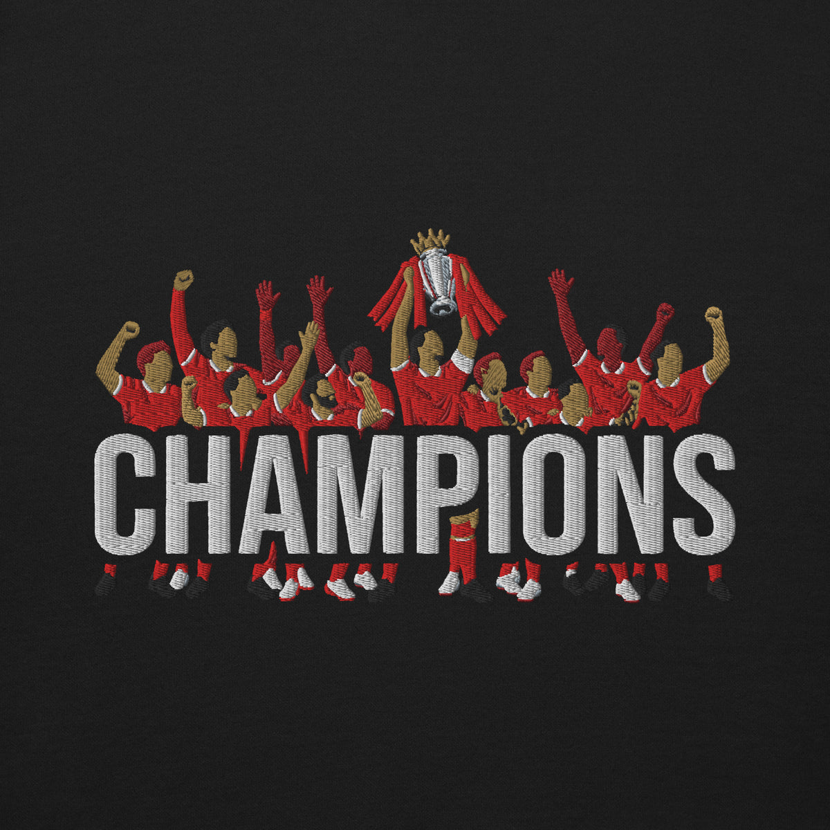 Embroidery close-up of Liverpool-inspired black sweatshirt with trophy-lift embroidery and CHAMPIONS lettering