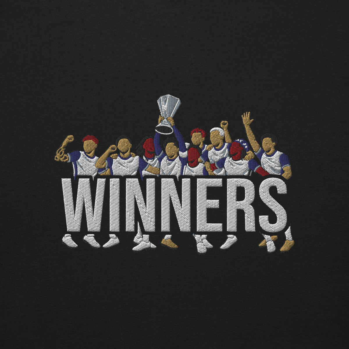 Tottenham Hotspur-inspired black sweatshirt with trophy-lift embroidery and WINNERS lettering