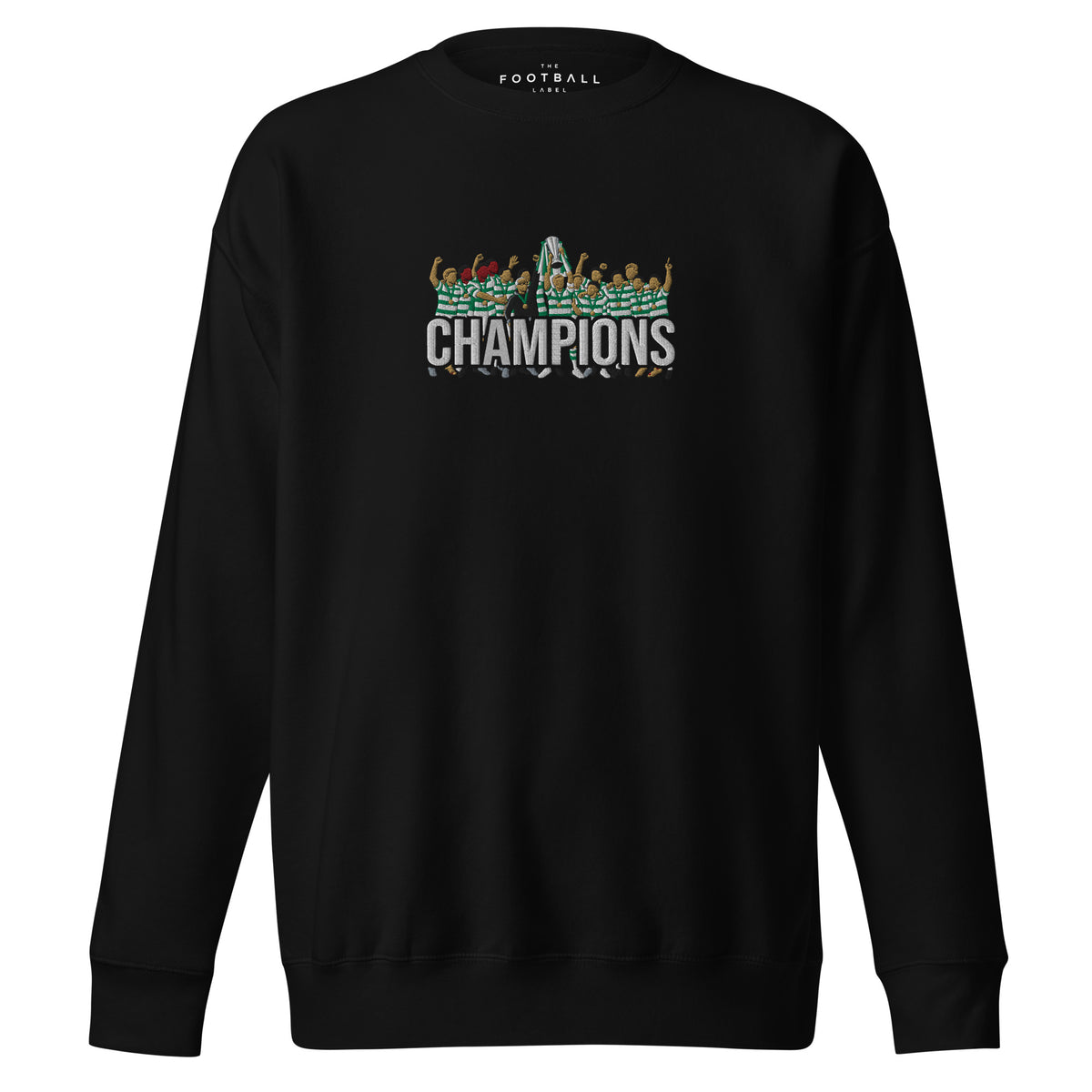 Celtic-inspired black sweatshirt with trophy-lift embroidery and CHAMPIONS lettering