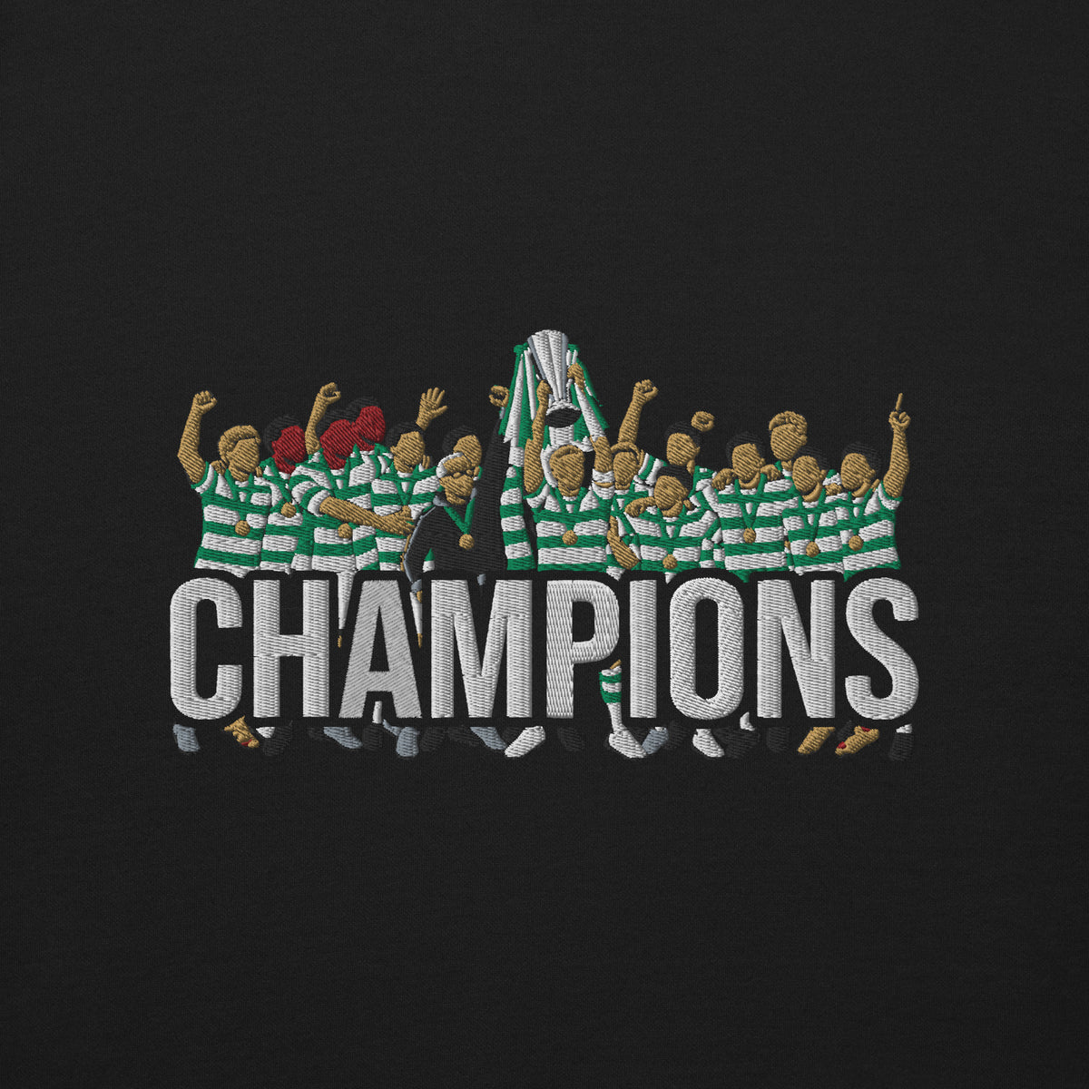 Celtic-inspired black sweatshirt with trophy-lift embroidery and CHAMPIONS lettering