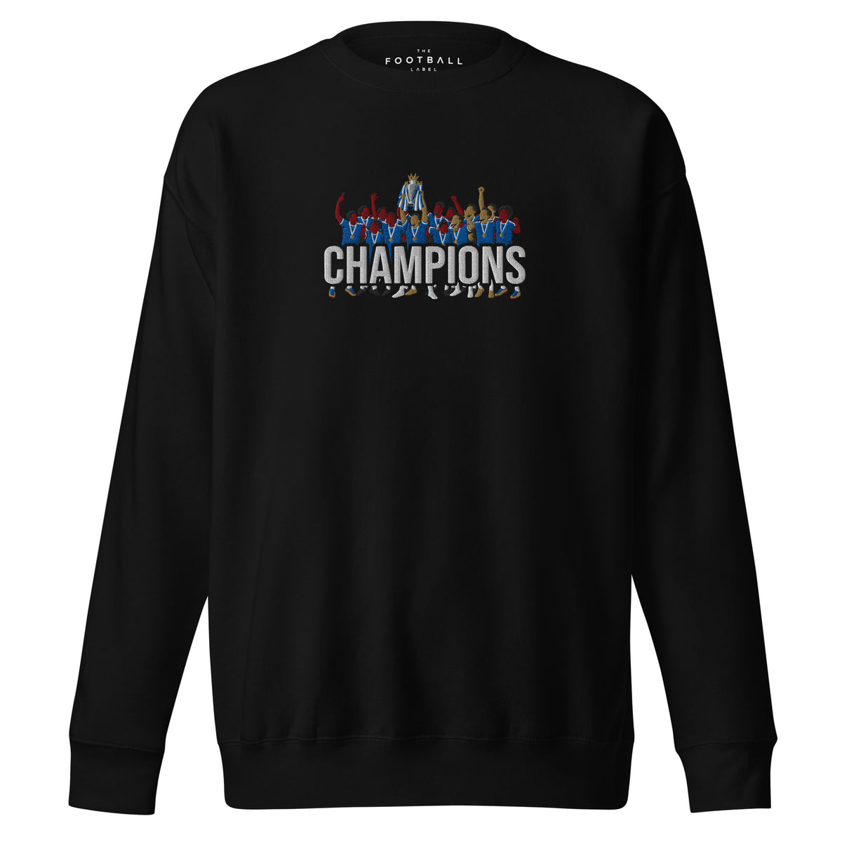Chelsea-inspired black sweatshirt with trophy-lift embroidery and CHAMPIONS lettering